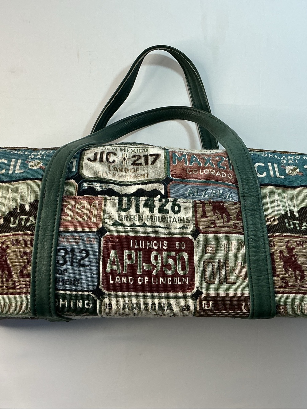 Green Canvas Patterned Duffel Bag with License-Plate Motif